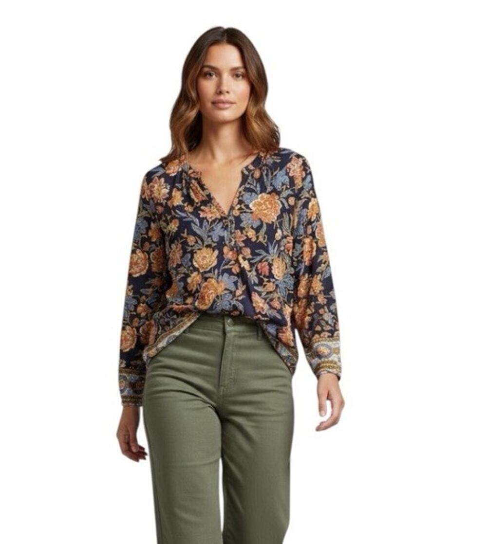 Lucky Brand Boho Floral Henley Tunic Blouse Navy Orange High Low Large Size S/P